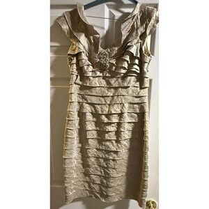 LONDON TIMES Tiered Ruffle V-Neck Sanddollar Sleeveless Sheath Party Dress Sz 8